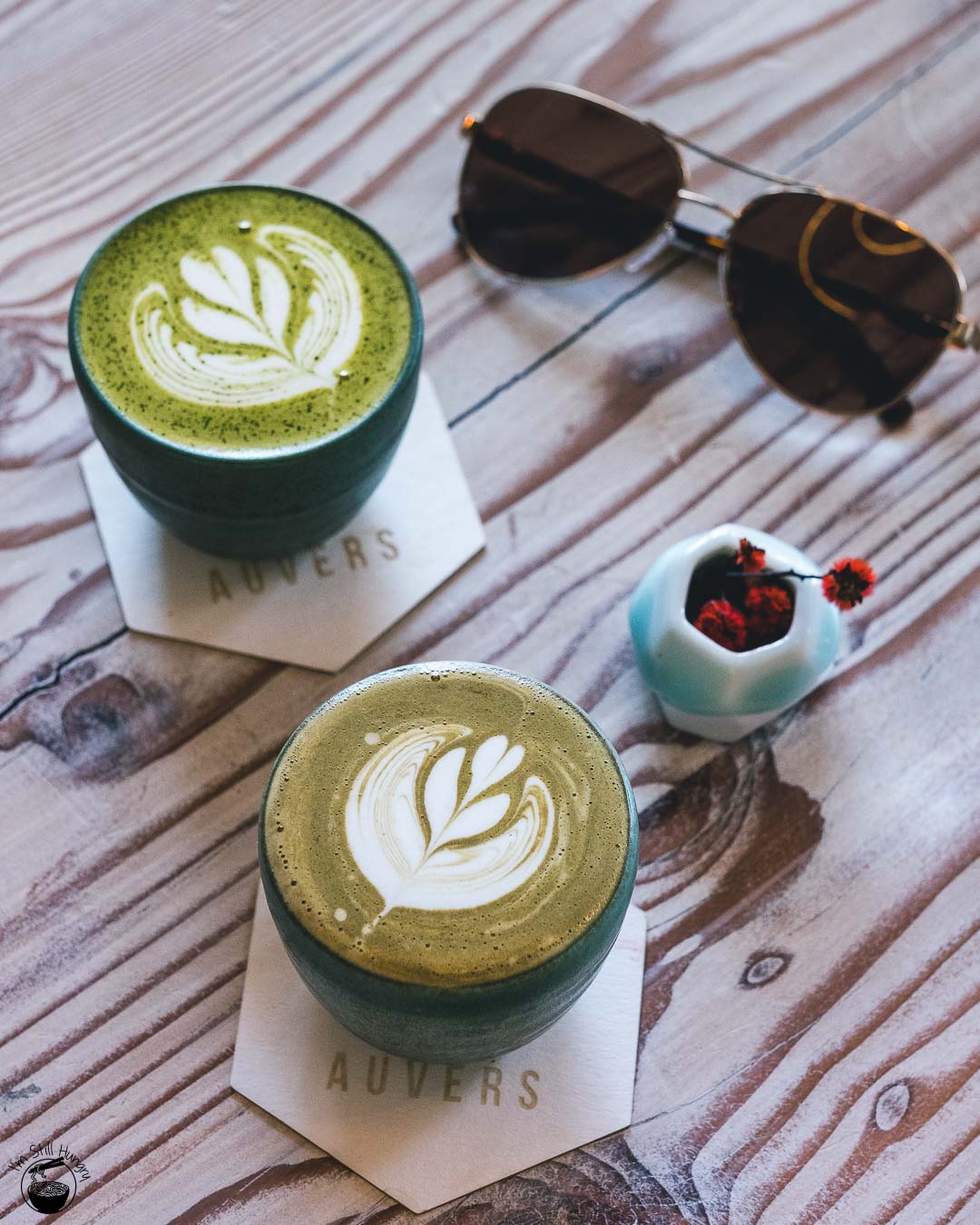 Auvers Cafe Rhodes Matcha & Houjicha lattes